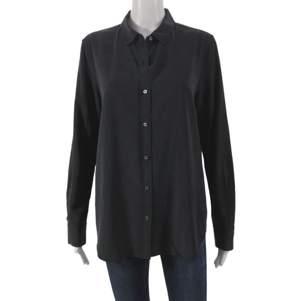 J. Mclaughlin Womens Basic Silk Collared Long Sleeve Button Up Black Size M